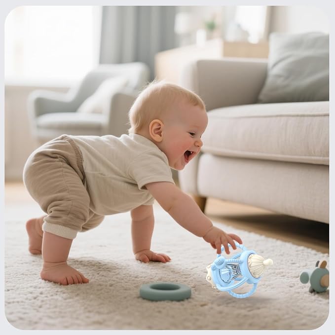 Silicone Teether Rattle Toy for Babies 0-12 Months Teething Relief | Montessori Sensory Teething Toy with Pacifier, Easy Grasp Handle for Infant Boys & Girls, Baby Must Haves