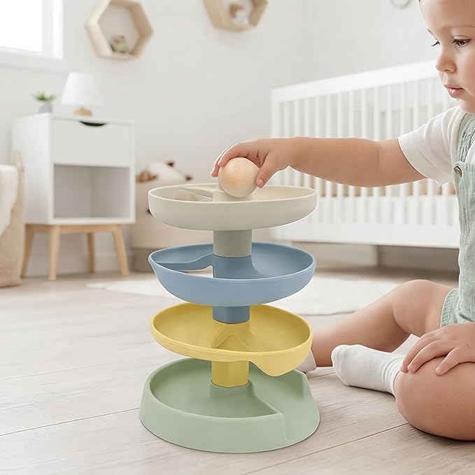 Little Rawr Silicone Ball Drop Tower Toy for Toddlers, 4-Tier Rolling Ramp Track with Wooden Balls, Soft Food-Grade Silicone Montessori Toy for Early Learning, Fine Motor Skill Development, Ages 1–3