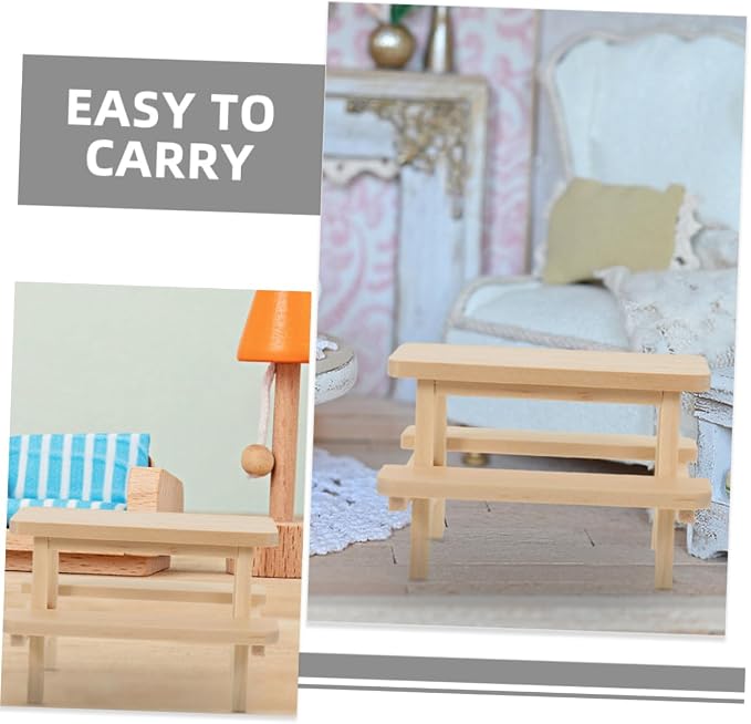 Abaodam 2Pcs Miniature Wooden Picnic Table Dollhouse Furniture Accessories Unfinished Wood Bench Table for Creative Photography Dollhouse Decoration Scene Setup