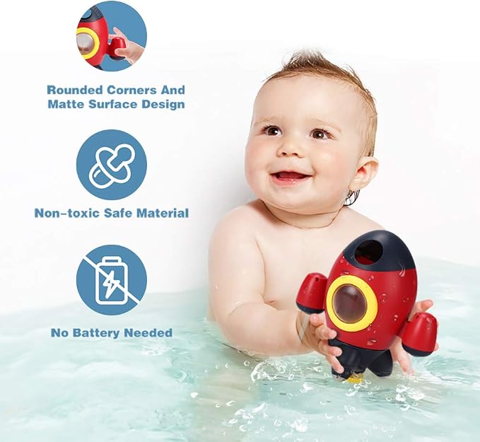 Elovien Bath Toys, Space Rocket Bath Toys for Toddlers 1-3, Spray Water Baby Bathroom Toys with Rotating Fountain, Shower Bathtub Toys for Toddlers Aged 18 Months 2 3 4 5 Years Old Kids Boys Girls