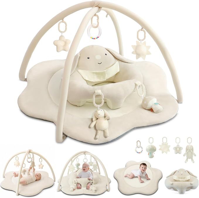 3-in-1 Baby Play Mat & Baby Seats for Infants for Sitting Up, Tummy Time Gym Activity Mat with 5 Detachable Toys, for Babies 0-6-12-18 Months, Newborn Babies Shower Gifts(Beige)