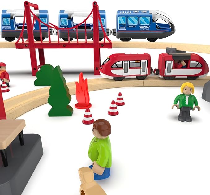 Battery Operated Wooden Train Track Set Toy High Speed for Toddlers 3 4 5 Years Old Boys Kids Magnetic Couplings City Vehicle with Figures