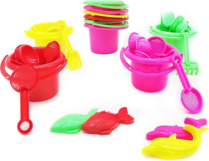 144-Pack Mini Beach Day Playsets, 3.25" Sand Bucket Play Set Box Includes, Pail, Shovel, Rake, Sifter Scoop, Dolphin Fish Sand Trays Toy for Boys and Girls Birthday Party Favor (144-Pack)