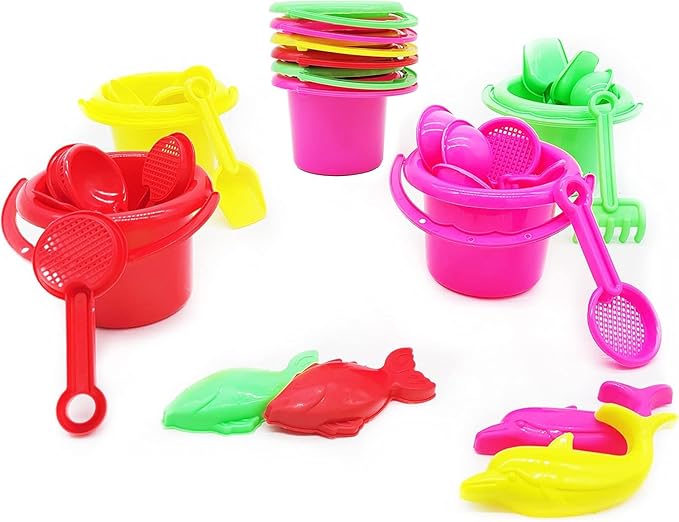 288-Pack Mini Beach Day Playsets, 3.25" Sand Bucket Play Set Box Includes, Pail, Shovel, Rake, Sifter Scoop, Dolphin Fish Sand Trays Toy for Boys and Girls Birthday Party Favor (288-Pack)