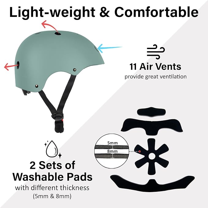 Skateboard Bike Helmet, Lightweight Adjustable, Multi-Sport for Bicycle Skate Scooter, 3 Sizes for Adult Youth & Kids