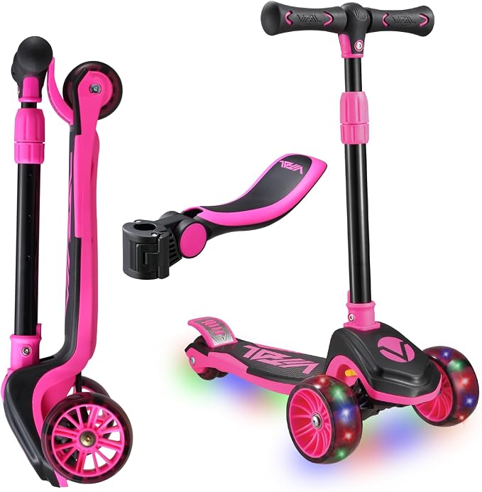 Vital Tyke 3 Wheel Toddler Scooter | LED Wheels, Foldable, Tool-Free Adjustable Handlebar & Removable Seat Scooters for Kids 3-5 and kick Scooters for Kids 5-7 up to 110lbs