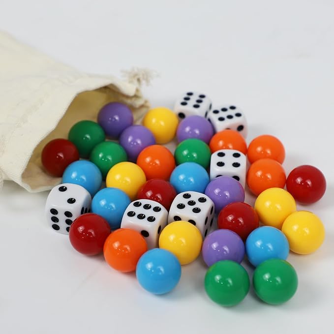 0.71Inch 30 Wahoo Marbles & 6 Dice Set, 5 of Each 6 Colors, 18mm Replacement Marbles for Wahoo Board Games with Storage Bag