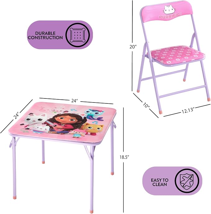 Gabby's Dollhouse 3 Piece Children's Activity Square Table and 2 Folding Chairs Set, Ages 3+
