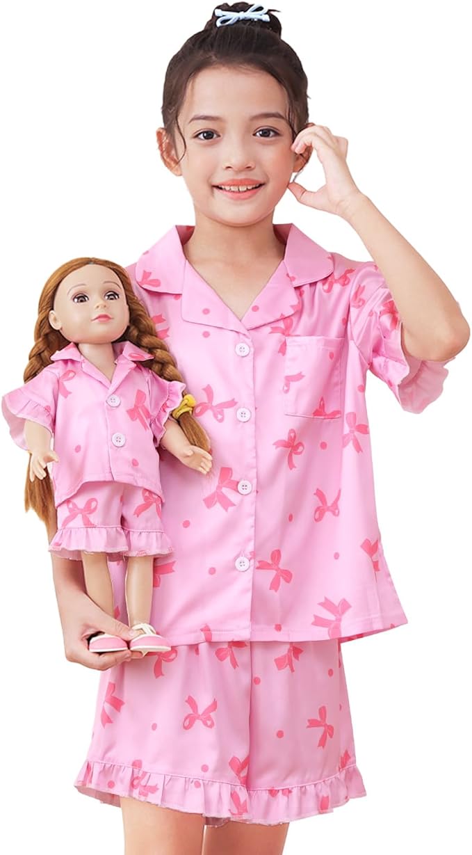 ICOSY Matching Doll & Girls Silk Pajamas Satin Pjs for Girls Button-Down Top and Shorts for 18" Doll Girl Clothes