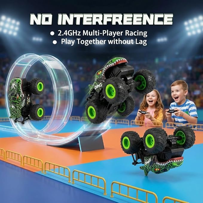Remote Control Dinosaur Car for Boys 4-7 8-12, Sturdy 1:20 Scale RC Monster Truck with LED Lights Roar Sound, 2.4GHz All Terrain Off Road Toy, Birthday (Green)