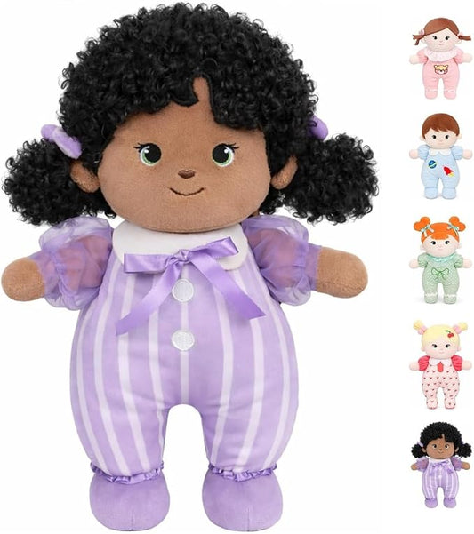 Soft Black Baby Doll My First Baby Rag Dolls for Kids,Snuggle Buddy Toys for 1 Year Old Girl,Birthday Gifts for Girls Infants Toddlers 10"(Purple)