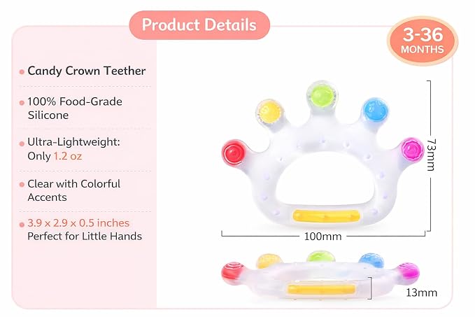 Candy Crown Cooling Teether for Babies 3-36 Months — 100% Food Grade Silicone Hand-Shaped Baby Teething Toy | 6 Textured Surfaces, Fridge-Cool Gum Relief | BPA-Free Sensory Teether