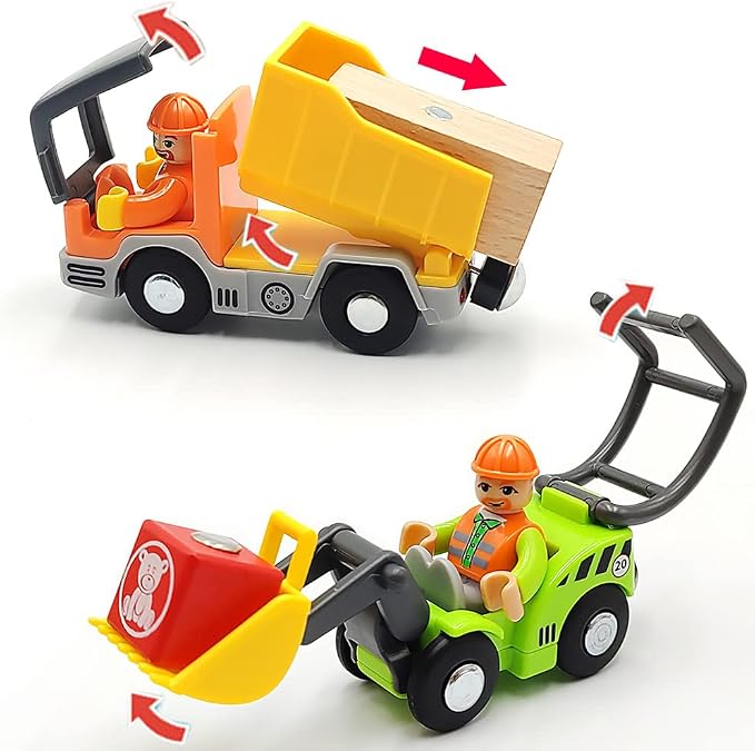 Wooden Train Cars Track Accessories Set Digger and Dump Truck Small Vehicles Magnetic Train Cars Fit for Wooden Train Track Railway for Boys and Girls (Construction Set)