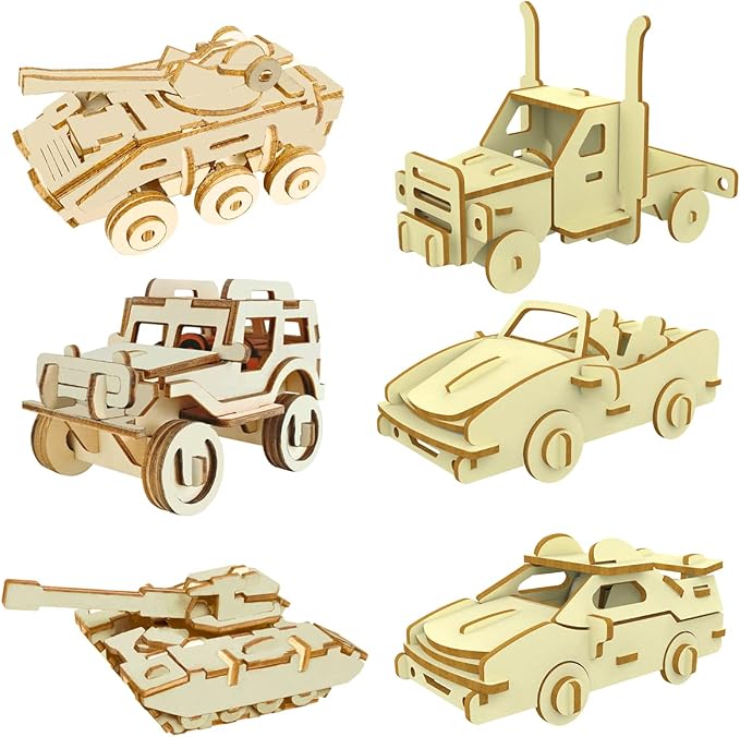 3D Wooden Puzzle - 6 Piece Set Wooden Car Brain Teaser Puzzle - DIY Assembly Car Building Model Kits - Wood STEM Gifts for for Adults & Teens Birthday Gifts Christmas