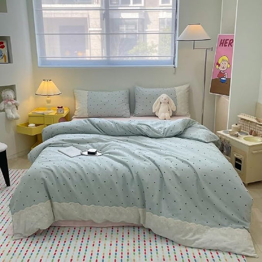 Twin XL Comforter Set Lightweight Polka Dots Comforter for Girls Teens Fluffy Soft Microfiber Princess Style Lace Bedding Comforter with 2 Pillowcases Cute Black Dots Pattern Blue Comforter Set