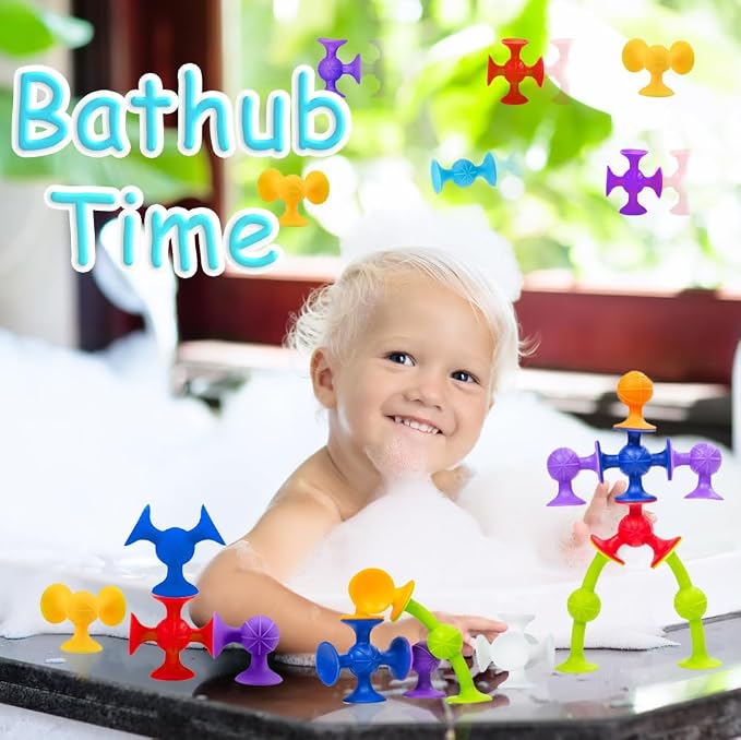 48 Piece Suction Cup Toys Construction Set - Silicone Building Blocks DIY Fun Bath Toys for Kids Ages 3+, Travel Essentials for Toddlers , PopDarts Sensory Toys for Autistic Children OT