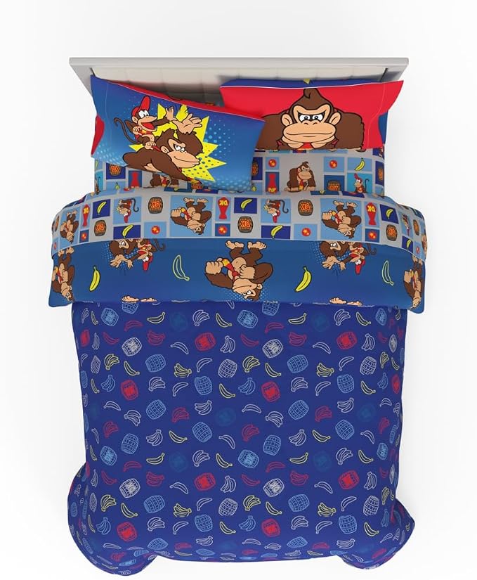 Collectibles Nintendo Donkey Kong Gaming Bedding 7 Piece Super Soft Reversible Comforter and Sheet Set with Sham, Queen, (Officially Licensed Product) By Franco