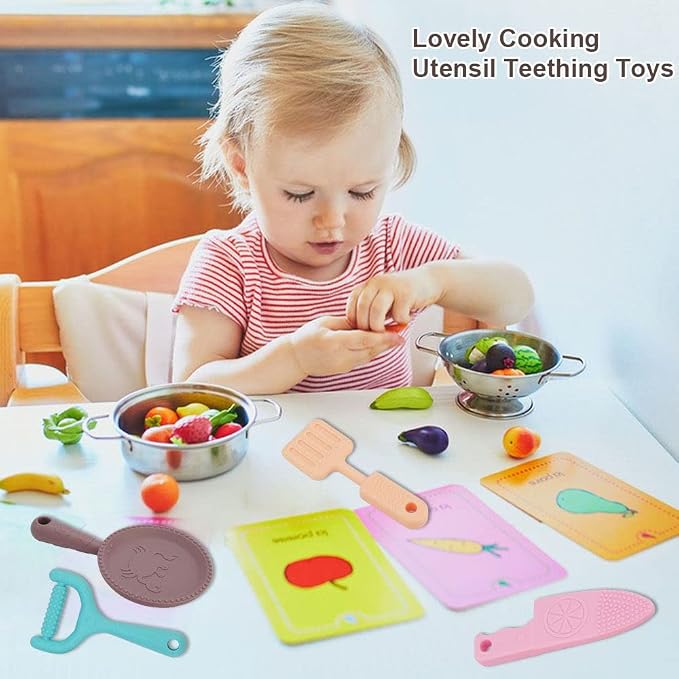 0-BPA Silicone Culinary Kitchen Utensil Baby Teething Toys,Chef Cooking Role Playing Games Training for Baby Girls Boys,Molar Chewing Freezer teether Toys for 6-12 Months Infants,Kids,4 Pack