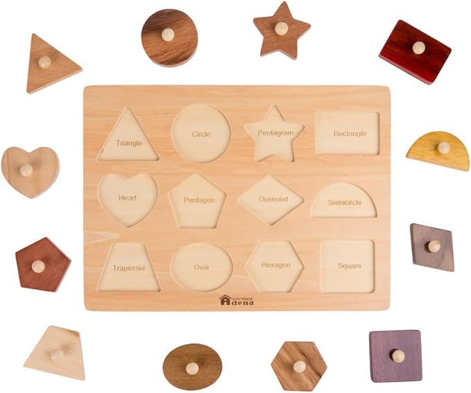 Montessori Toys for Toddlers 18M+, Wooden Shape Peg Puzzles for Kids 2 3 Years Old, Baby Puzzle Board with Knob & Classic Color, Preschool Educational Learning Toy‒Shape Sorter (12 Geometric Shapes)