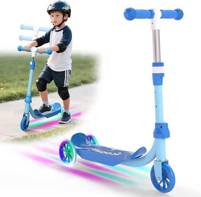 Kids Scooter Ages 3-7, 3 Wheel Scooter with LED Light Up Wheels, Safer Steering & Adjustable Handlebar, Wide Anti-Slip Deck, Heavy Duty Metal Kick Scooter for Boys Girls Toy Gift, Up to 110 lbs