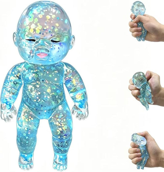Shiny Baby Doll Soft Rubber Stress Relief Toy – Glowing Stress Ball – Cute Maltose Doll – Stress Relief Toy for Teens and Adults; Party Gift; Soft Toy for Anxiety Relief (Blue)