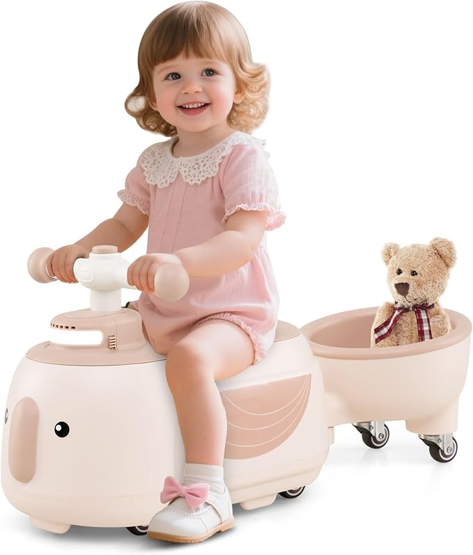 HONEY JOY Ride On Push Car with Trailer, Indoor Outdoor Toddler Riding Toys w/Under-seat Storage, LED Light, Music, Foot-to-Floor Sliding Car, No Battery Baby Ride On Toys for Boys and Girls (Coffee)