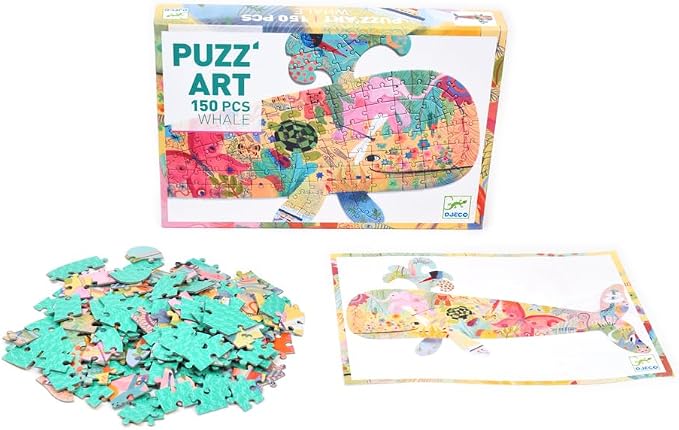 DJECO 150 Piece Shaped Jigsaw Puzzle w/Poster - Challenging Activity for Home, School or Gifts - Fun & Creative for Family & Friends, Educational Ocean Puzzle for Kids 6+ - Whale