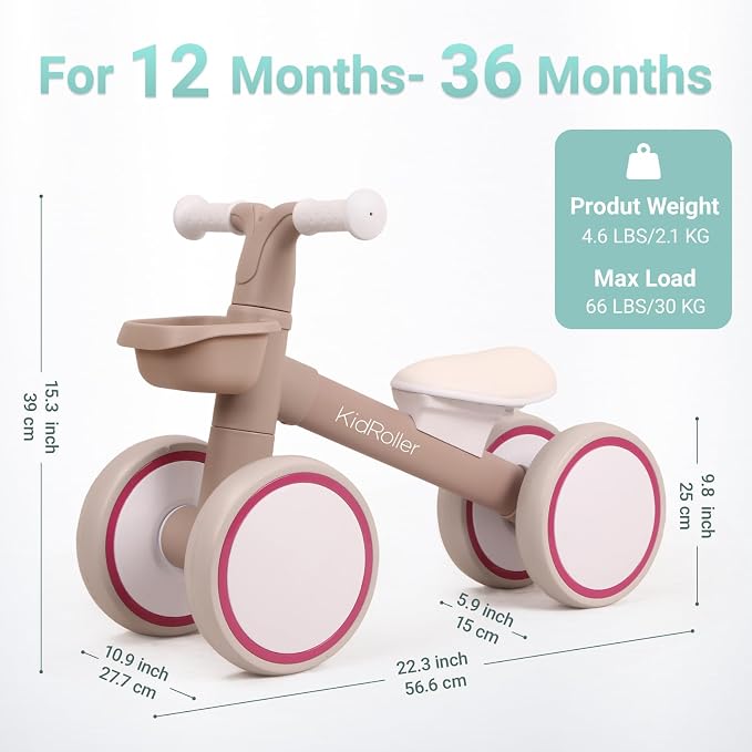Kid's Balance Bikes for 1 Year Old Boys and Girls, 12-24 Months Toddler Ride-on with Adjustable Seat and a Front Basket, First Birthday Gifts Light Khaki