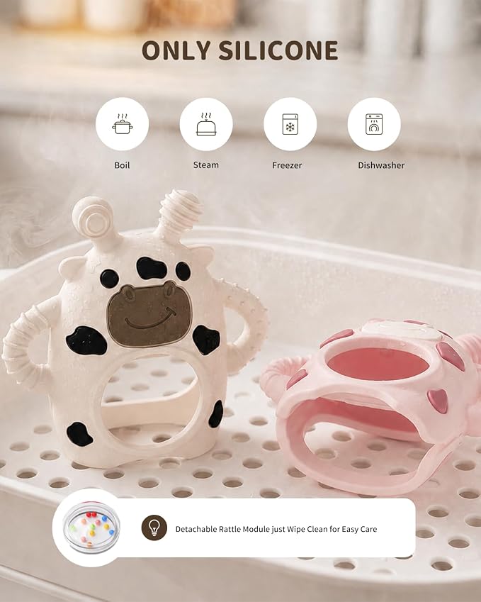 Bakpoco Baby Teether Toys for Babies 3 Months+, Easy-Grip Silicone Hand Teether with Sensory Rattle, Multi-Texture Infant Toy, Wrist Design Helps Reduce Drops, Cow