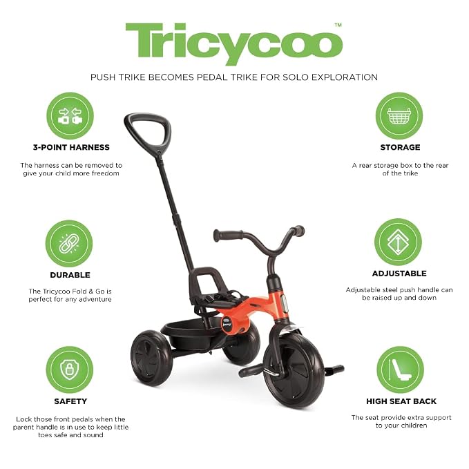 Joovy Tricycoo Fold & Go Toddler Tricycle Featuring Removable, Adjustable Push Handle, Lockable Front Pedals, Height-Adjustable Seat, 3-Point Safety Harness, and Rear Storage Box (Rorange), Large