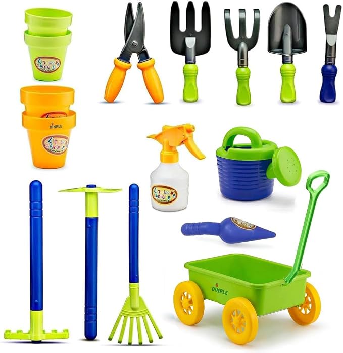 Dimple Garden Wagon & Tools Toy Set, Kids Gardening Set - 15 Pcs Outdoor Toys for Toddlers, Sand Toys - Sturdy & Durable - Top Yd, Beach, Sand, Garden Play Set for Kids & Toddler Gardening Tools