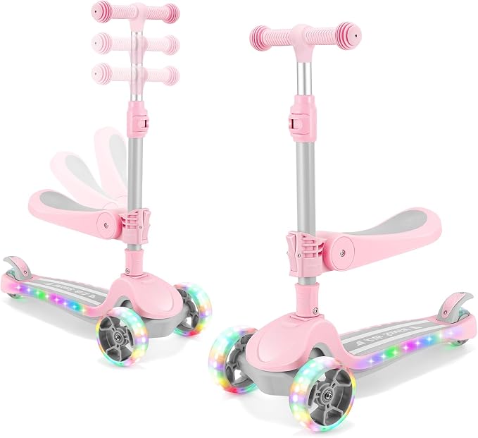 Kids Scooter with Seat, 2 in 1 Kick Toddler Scooter with LED Light-Up Wheels and Light up Deck, 4 Adjustable Heights, Lean to Steer, 3 Wheels Scooter Suitable for Boys & Girls Ages 2-8 Years