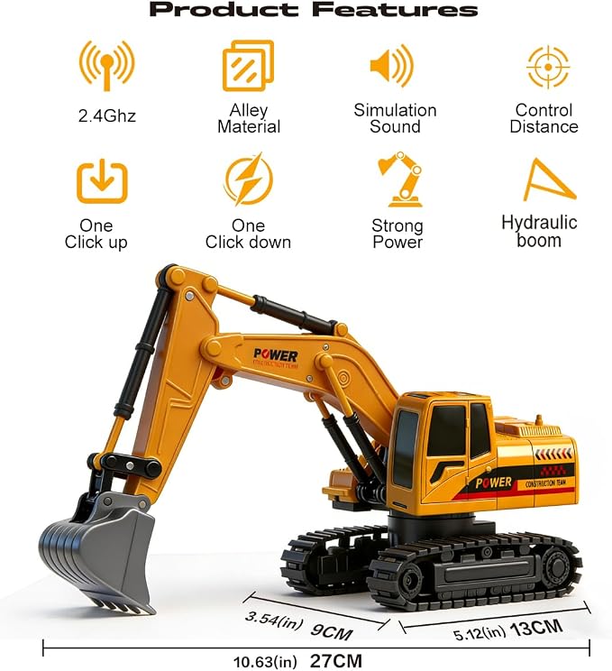 RC Hydraulic Excavator Toy, 6-Channel Remote Control Excavator with Metal Shovel & Lights, 360° Rotation Mini Excavator, RC Construction Vehicles Digger Toy for Boys 3-8