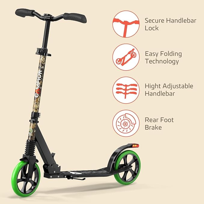Campior Kick Scooter for Ages 6+, for Kids, Teens, and Adults, Max Load 240 LBS, Foldable, 8-inch Big Wheels for Kids and Adults, with Kickstand, 3 Adjustable Levels, Child Safety Approved, Graffiti