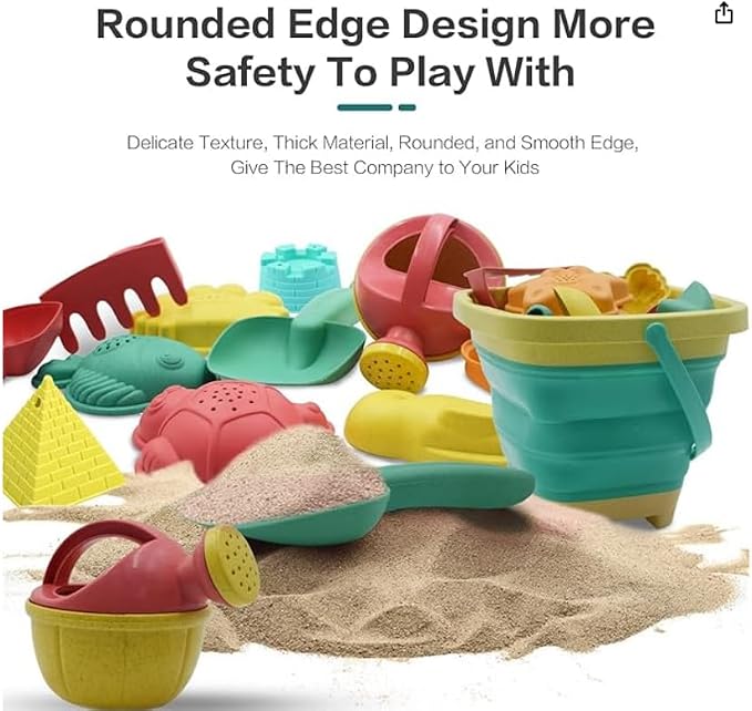 Sawaruita Beach Toys for Kids - Sand Toys Set Includes Collapsible Sand Bucket Shovel and Sand Rake Toy for Beach 12 PCS, Sandbox Toys Sandcastle Building Kit (A)