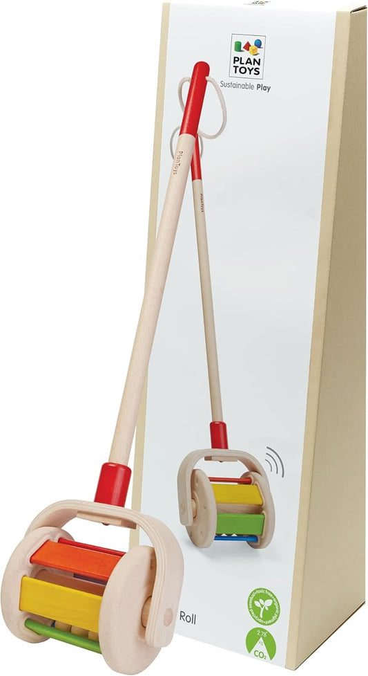 PlanToys® Wooden Walk N Roll Push Toy | Montessori Walking Toy for Gross Motor Skills, Balance & Coordination with Gentle Rolling Sounds | Eco Friendly Activity Toy