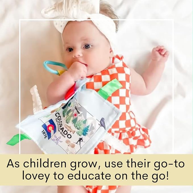 Baby Jack & Co 8x8” Learning Lovey Colorado State Tag Stroller Toy for Babies - Crinkle Toys for Developing Five Senses - Learn About Capitals - Travel with Baby Jack - BPA Free Clip