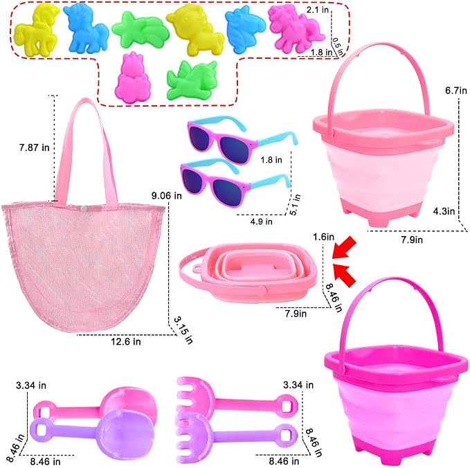 Beach Sand Molds Toys for 2-4 Years Old Girls Kids|Collapsible Sand Bucket Sandbox Toys|Pink Shovels|Sunglasses&Mesh for 3-5 Years Old Toddlers|Travel Sand Toys for Beach Camping