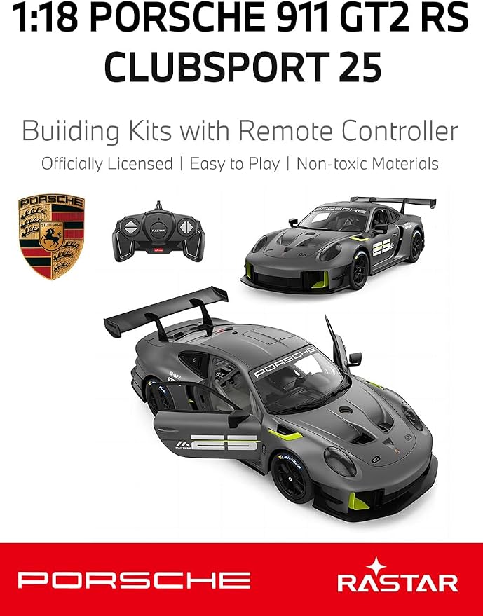 RASTAR Build Your Own RC Car Porsche 911 GT2 RS Clubsport 25 Kit, 99600 | Officially Licensed, Ideal Gift, 76PCs 1/18 RC Model Car Building Kit with Remote, DIY Decals, Openable Doors & Working Light