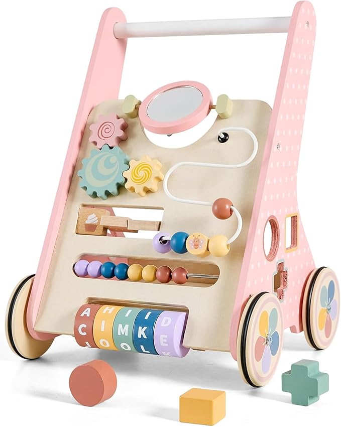 Wooden Baby Walker with Wheels, Montessori Push Walker | Adjustable-speed wooden baby walker with Montessori activities and rubber wheels for safe learning to walk.