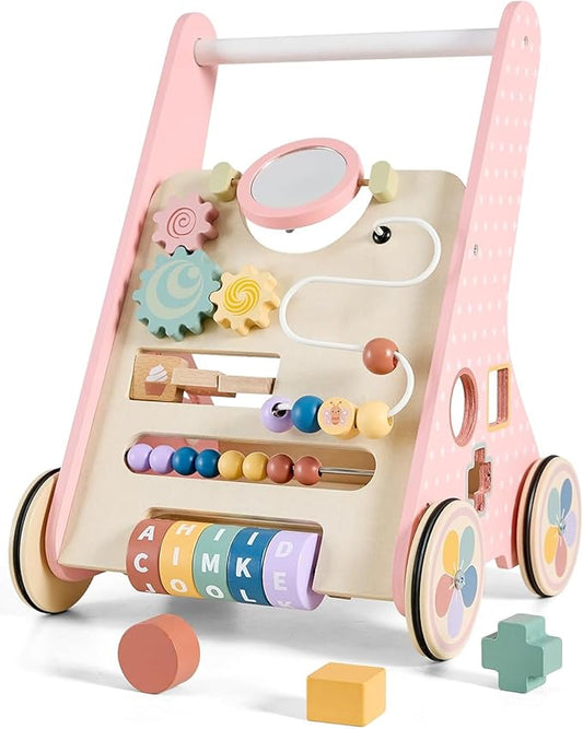 Wooden Baby Walker with Wheels, Montessori Push Walker | Adjustable-speed wooden baby walker with Montessori activities and rubber wheels for safe learning to walk.