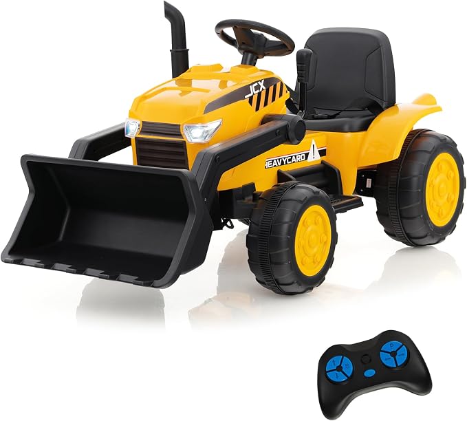 Costzon Ride on Excavator, 12V Kids Excavator Ride on Bulldozer with Remote Control & Adjustable Digger Bucket, LED Headlights, Music, Horn, USB, Electric Construction Ride on Toy for Kids 3-8, Yellow