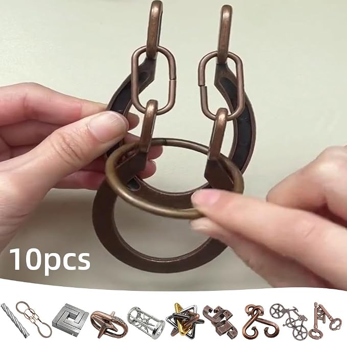 10 Piece Metal Brain Teaser Puzzles Set for Adults & Teens, Challenging IQ Lock Puzzles, Zinc Alloy Mind Game for Critical Thinking & Stress Relief, Collection for Puzzle Lovers