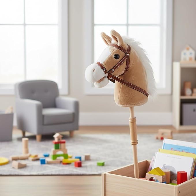 Linzy Toys 35.5" Plush Stick Horse - Funny Hobby Horse with Pony Sound, Soft Realistic Mane & Durable Leather Reins, Pretend Play Riding Toy for Boys & Girls Ages 3+ (Light Brown)