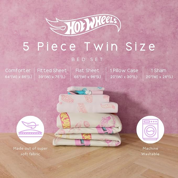 Hot Wheels Girls Kids Bedding Super Soft Comforter and Sheet Set with Sham, 5 Piece Twin Size, (Officially Licensed Product) By Franco