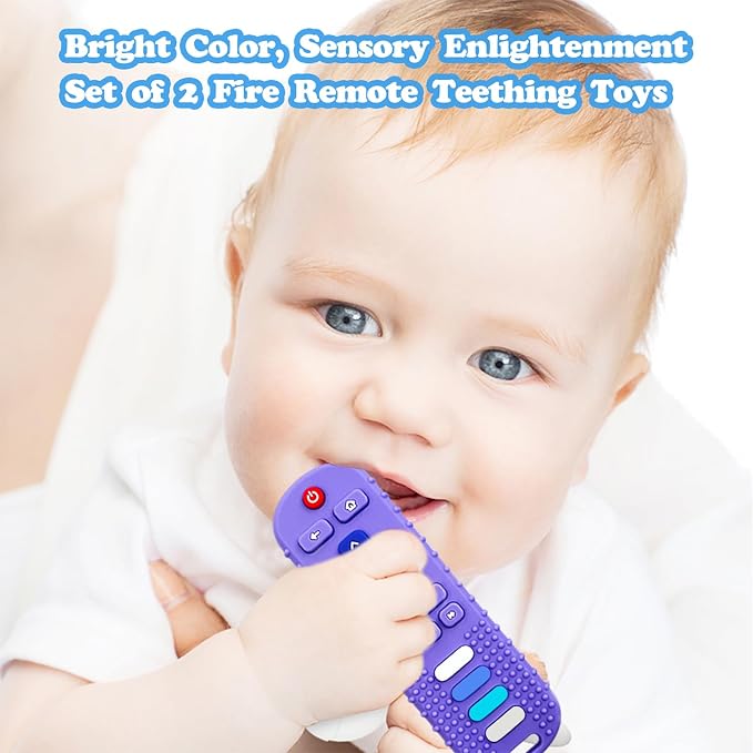 2-Pack Silicone Baby Teething Toys, Fire TV Remote Shape for 18 Months Infant, Toddlers, Boys and Girls Early Educational Sensory Toy (Black+Purple)