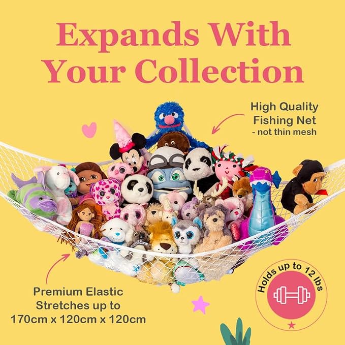 Stuffed Animal Hammock 2 Pack | Corner Stuffed Animal Storage & Plushie Net | Toy Hammock for Stuffed Animals | Holds 12lbs | Easy Hang, All Hardware Included | Pink Bedroom Decor | by Lilly's Love