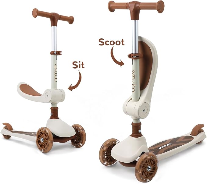 Stompa Kids Scooter 2-in-1 Light Up 3 Wheel Scooters with 4 Levels Adjustable Handlebar, Foldable Seat, Widen Non-Slip Deck for Girls & Boys Max 110 Lbs