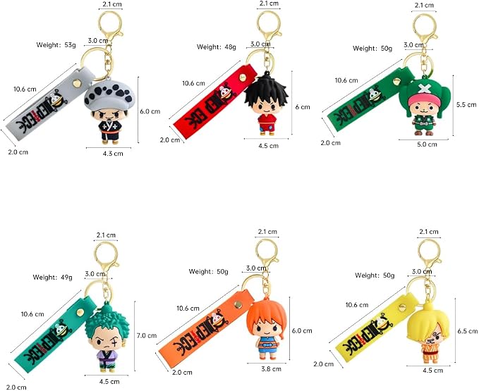 6Pcs OP Anime Keychain Set, Fun Cartoon Figures Keyring, Cute Collectible Pendant Keys Gift for Men Women Lovers