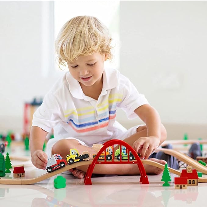 umu® Construction Toy Cars 7 PCS Wooden Kids Mini Vehicles for Toddlers, Compatible to Thomas Train Toys Railway and Major Brands, Best for 3 to 5 Year Old Boys and Girls